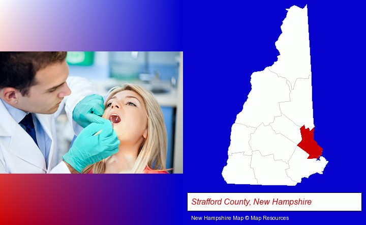 a dentist examining teeth; Strafford County, New Hampshire highlighted in red on a map