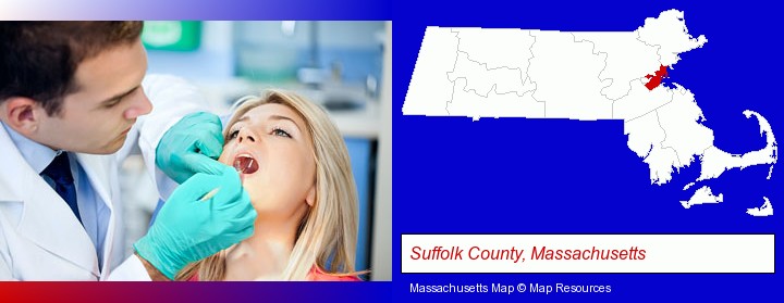 a dentist examining teeth; Suffolk County, Massachusetts highlighted in red on a map