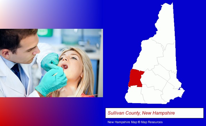 a dentist examining teeth; Sullivan County, New Hampshire highlighted in red on a map