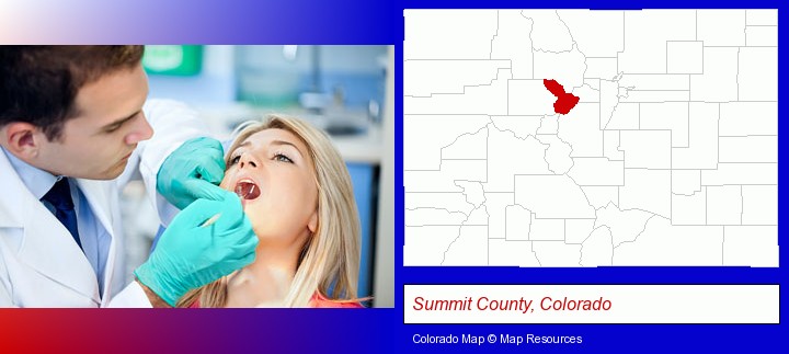 a dentist examining teeth; Summit County, Colorado highlighted in red on a map