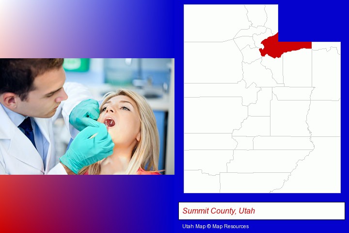 a dentist examining teeth; Summit County, Utah highlighted in red on a map