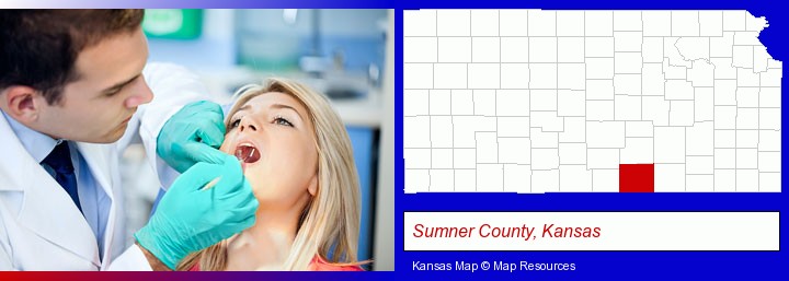 a dentist examining teeth; Sumner County, Kansas highlighted in red on a map