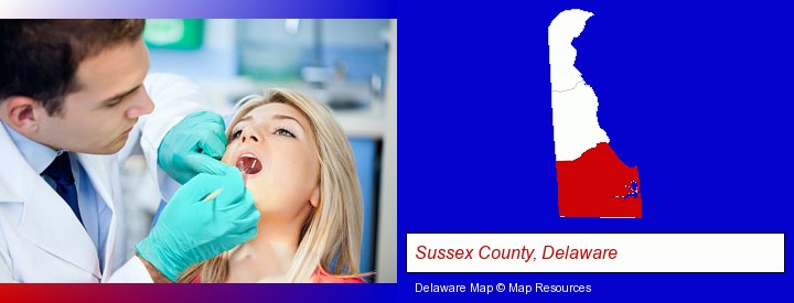 a dentist examining teeth; Sussex County, Delaware highlighted in red on a map