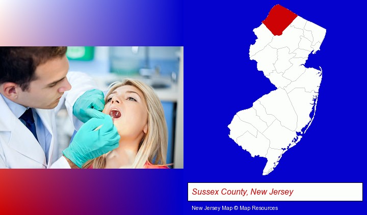 a dentist examining teeth; Sussex County, New Jersey highlighted in red on a map