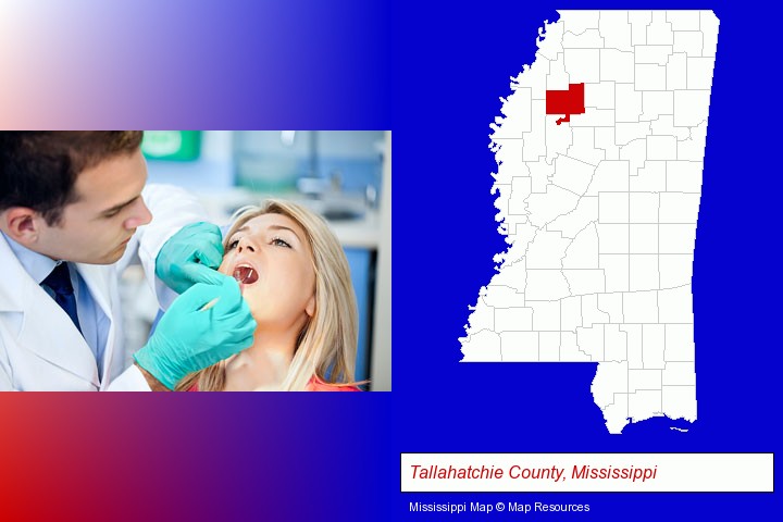 a dentist examining teeth; Tallahatchie County, Mississippi highlighted in red on a map