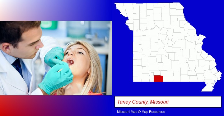 a dentist examining teeth; Taney County, Missouri highlighted in red on a map