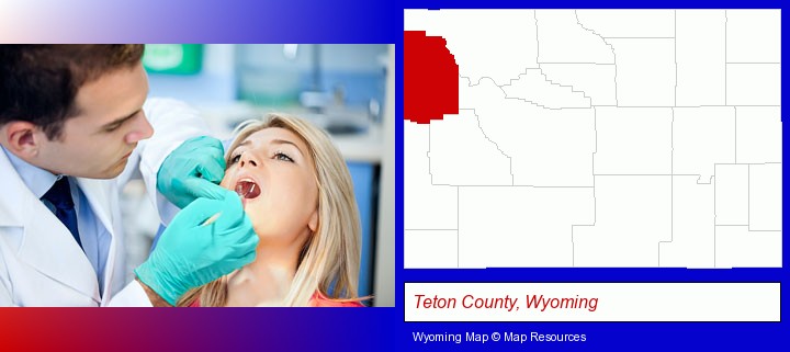 a dentist examining teeth; Teton County, Wyoming highlighted in red on a map
