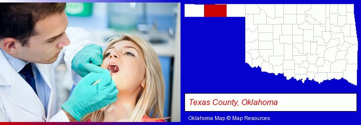 a dentist examining teeth; Texas County, Oklahoma highlighted in red on a map