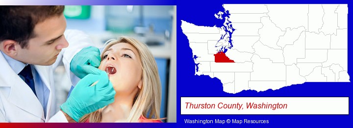 a dentist examining teeth; Thurston County, Washington highlighted in red on a map