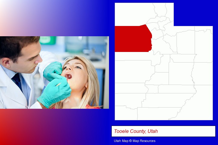 a dentist examining teeth; Tooele County, Utah highlighted in red on a map