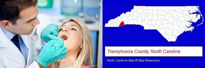 a dentist examining teeth; Transylvania County, North Carolina highlighted in red on a map