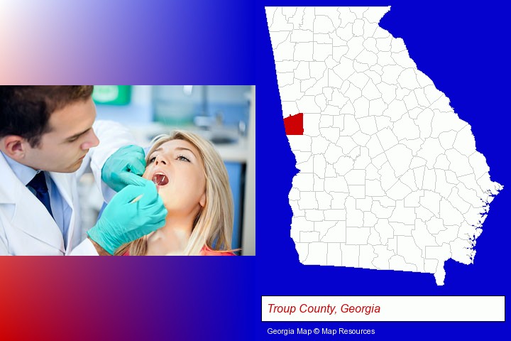 a dentist examining teeth; Troup County, Georgia highlighted in red on a map