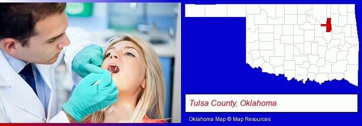 a dentist examining teeth; Tulsa County, Oklahoma highlighted in red on a map