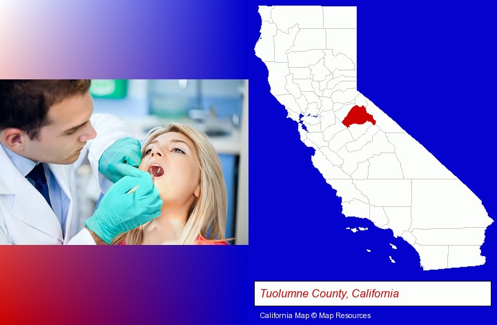 a dentist examining teeth; Tuolumne County, California highlighted in red on a map