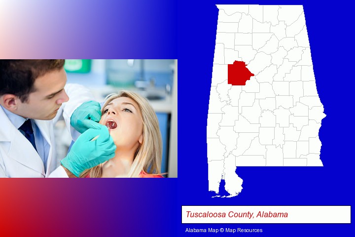 a dentist examining teeth; Tuscaloosa County, Alabama highlighted in red on a map