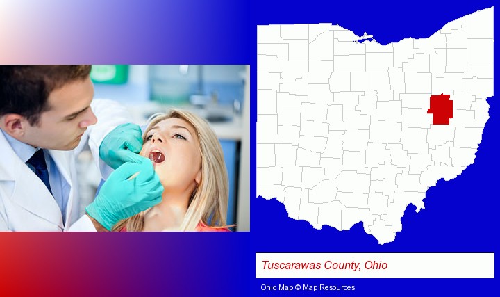 a dentist examining teeth; Tuscarawas County, Ohio highlighted in red on a map