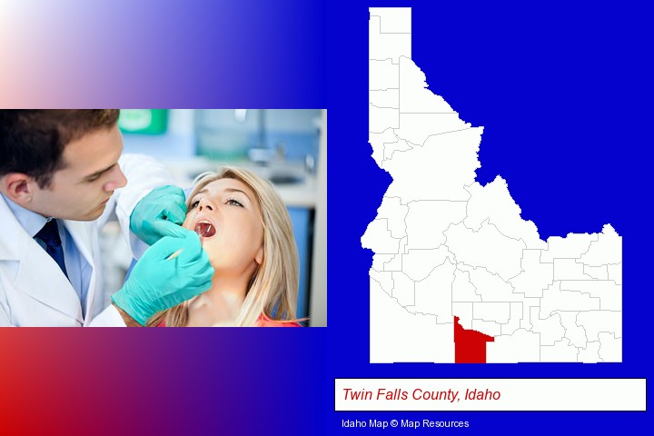 a dentist examining teeth; Twin Falls County, Idaho highlighted in red on a map
