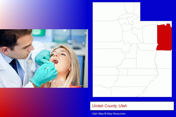 a dentist examining teeth; Uintah County, Utah highlighted in red on a map