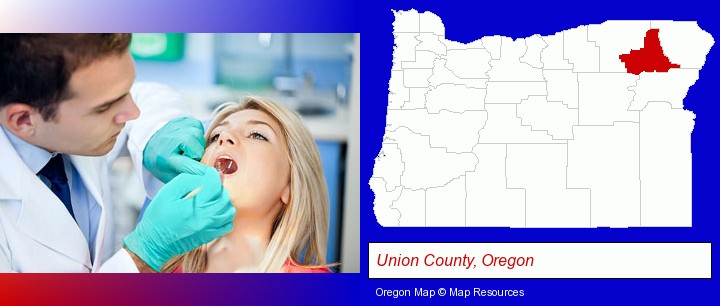 a dentist examining teeth; Union County, Oregon highlighted in red on a map