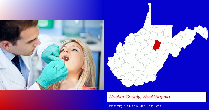 a dentist examining teeth; Upshur County, West Virginia highlighted in red on a map