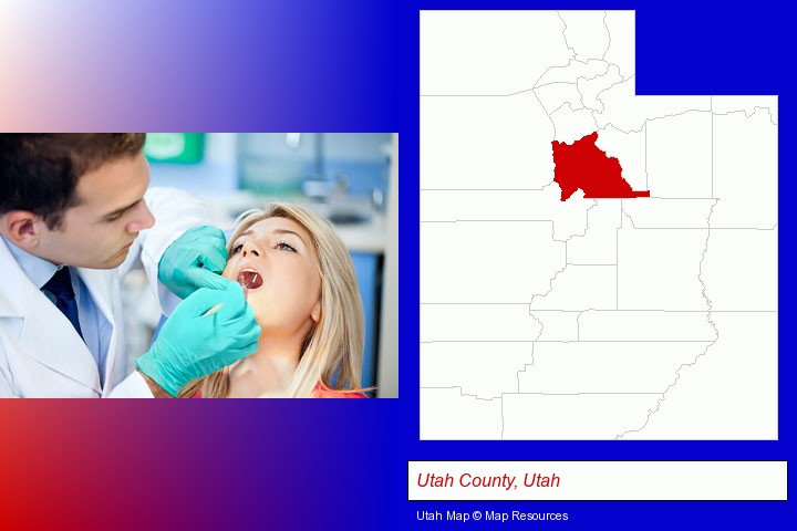 a dentist examining teeth; Utah County, Utah highlighted in red on a map
