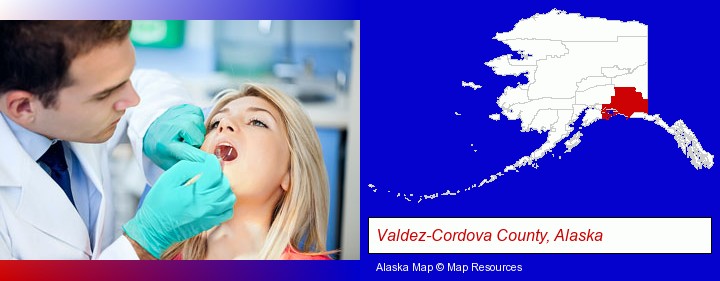 a dentist examining teeth; Valdez-Cordova County, Alaska highlighted in red on a map