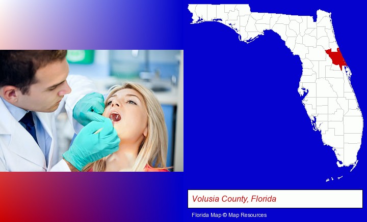 a dentist examining teeth; Volusia County, Florida highlighted in red on a map