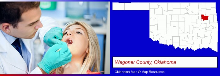 a dentist examining teeth; Wagoner County, Oklahoma highlighted in red on a map