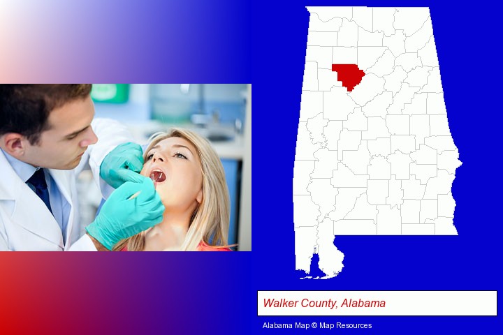a dentist examining teeth; Walker County, Alabama highlighted in red on a map
