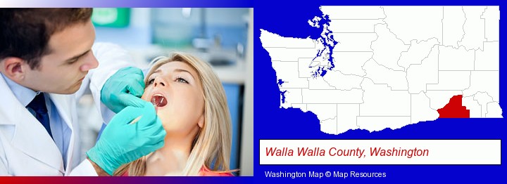 a dentist examining teeth; Walla Walla County, Washington highlighted in red on a map