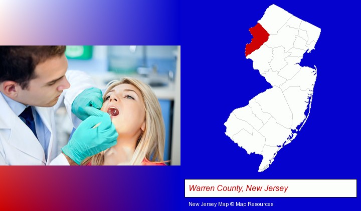 a dentist examining teeth; Warren County, New Jersey highlighted in red on a map