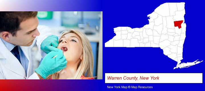 a dentist examining teeth; Warren County, New York highlighted in red on a map