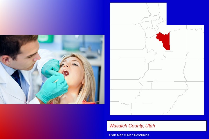 a dentist examining teeth; Wasatch County, Utah highlighted in red on a map