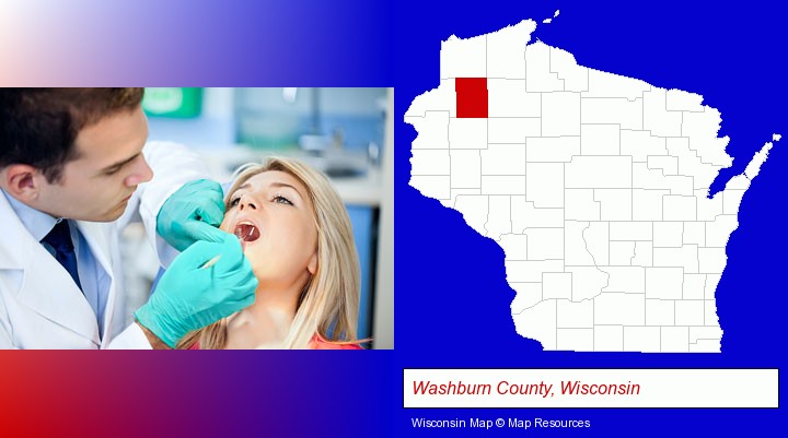 a dentist examining teeth; Washburn County, Wisconsin highlighted in red on a map