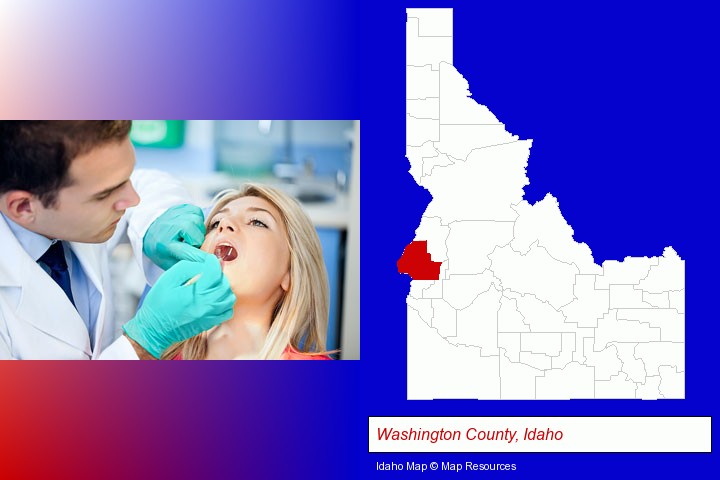 a dentist examining teeth; Washington County, Idaho highlighted in red on a map