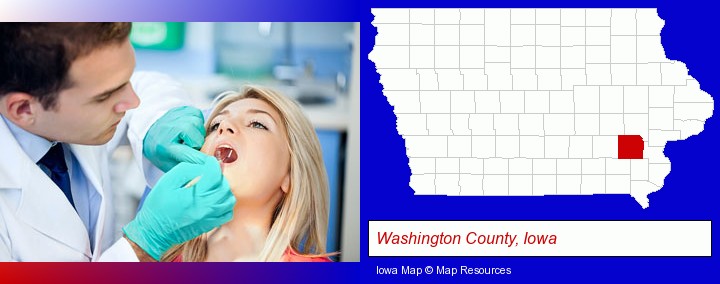a dentist examining teeth; Washington County, Iowa highlighted in red on a map