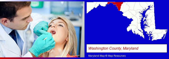 a dentist examining teeth; Washington County, Maryland highlighted in red on a map