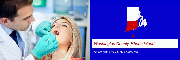 a dentist examining teeth; Washington County, Rhode Island highlighted in red on a map