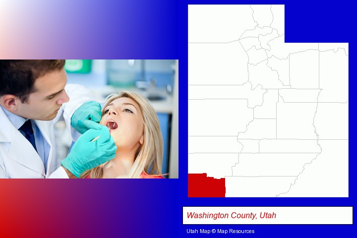 a dentist examining teeth; Washington County, Utah highlighted in red on a map