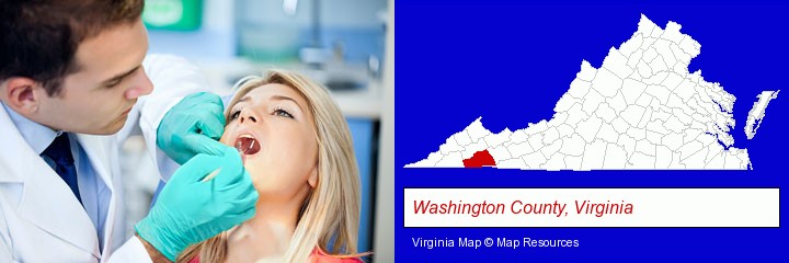 a dentist examining teeth; Washington County, Virginia highlighted in red on a map