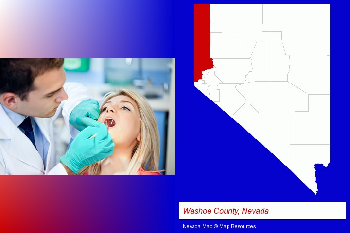 a dentist examining teeth; Washoe County, Nevada highlighted in red on a map