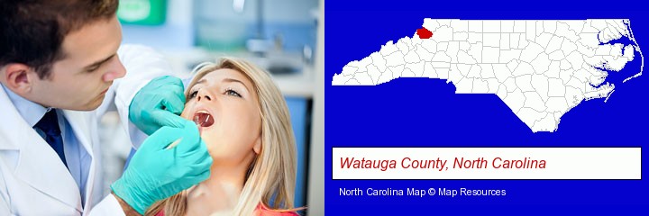 a dentist examining teeth; Watauga County, North Carolina highlighted in red on a map