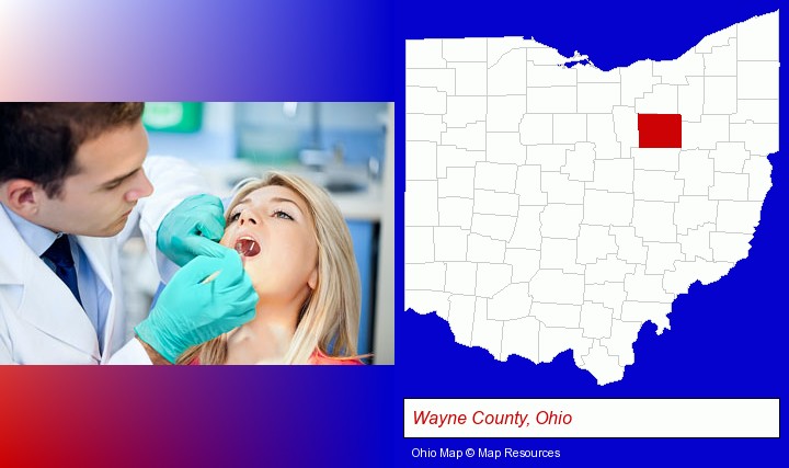 a dentist examining teeth; Wayne County, Ohio highlighted in red on a map
