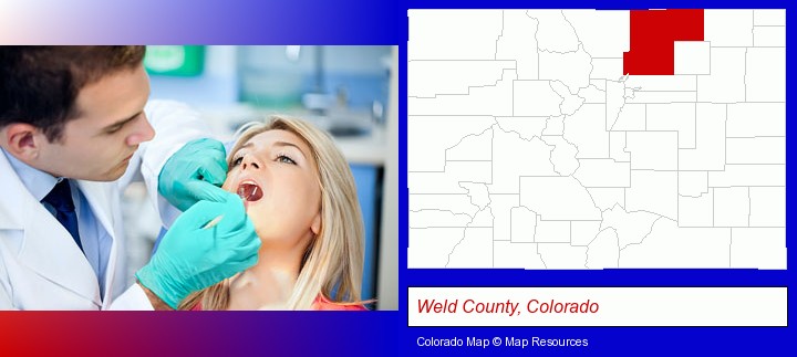 a dentist examining teeth; Weld County, Colorado highlighted in red on a map