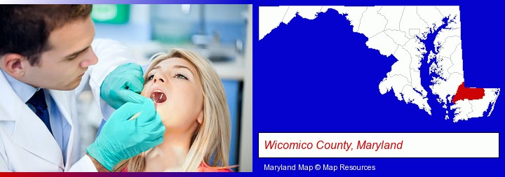 a dentist examining teeth; Wicomico County, Maryland highlighted in red on a map