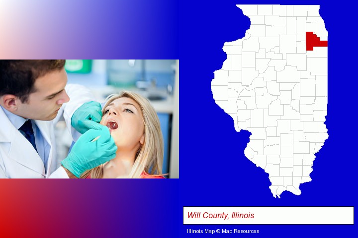a dentist examining teeth; Will County, Illinois highlighted in red on a map
