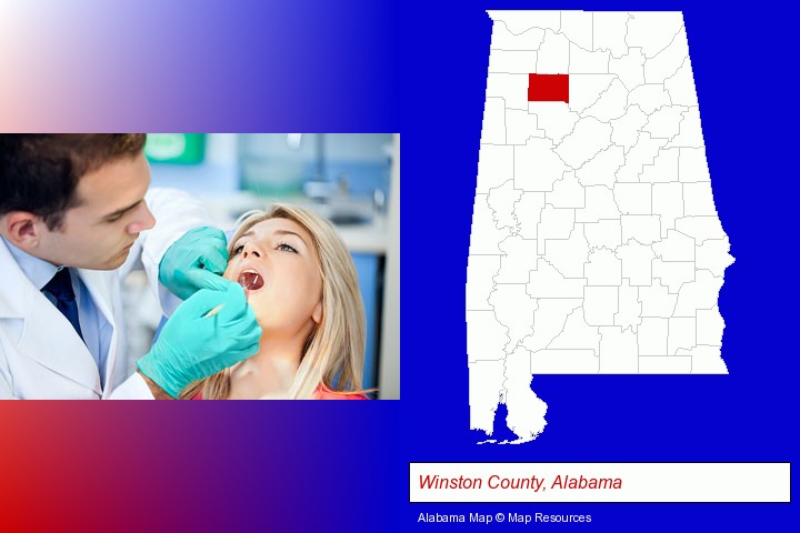 a dentist examining teeth; Winston County, Alabama highlighted in red on a map