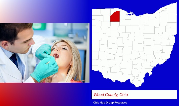 a dentist examining teeth; Wood County, Ohio highlighted in red on a map
