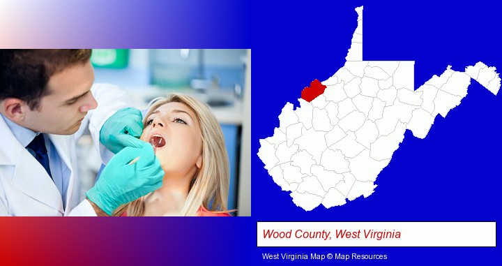 a dentist examining teeth; Wood County, West Virginia highlighted in red on a map