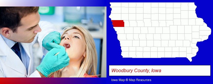 a dentist examining teeth; Woodbury County, Iowa highlighted in red on a map